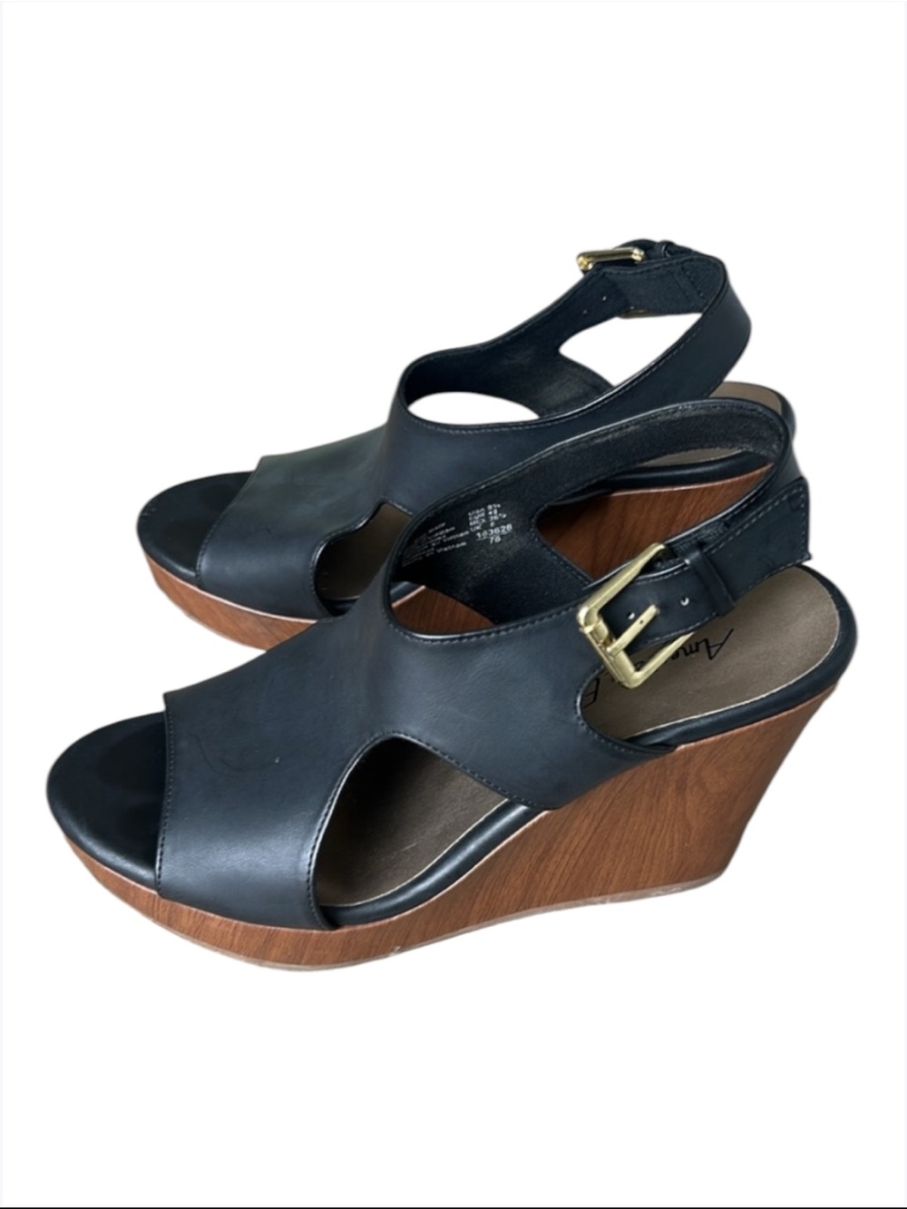 American Eagle Open Toe Faux Wood Wedge Buckle Platform Sandals Black Size 9.5